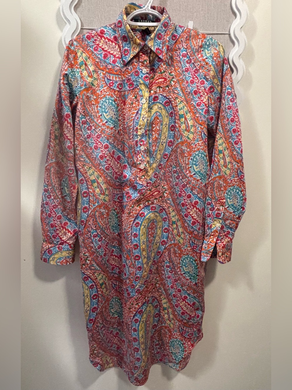 Lauren Ralph Lauren Paisley Shirt Dress size 8 cotton soft orange blue yellow
